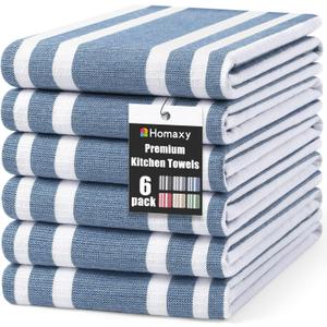 Homaxy Premium Kitchen Towels 18”x 28”, Large Cotton 380 GSM Kitchen Hand Towels, Stripe and Terry Dish Towel, Highly Absorbent Tea Towel Set with Hanging Loop, 6 Pack, Navy Blue