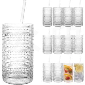 Upgraded Large Capacity 16 oz/480 ml Hobnail Glasses Drinking Set of 12 - Heavy Vintage Glassware