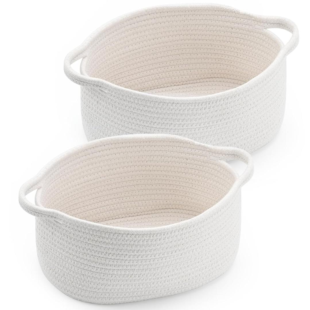 Cute Woven Storage Basket with Handle, Baskets for Gifts Empty, Gift Baskets for Valentines Day Birthday Baby Shower Raffle Burr Fundraiser, Decorative Organizer Box for Spring Home Refresh (2 Pack, White, 2 Pack)