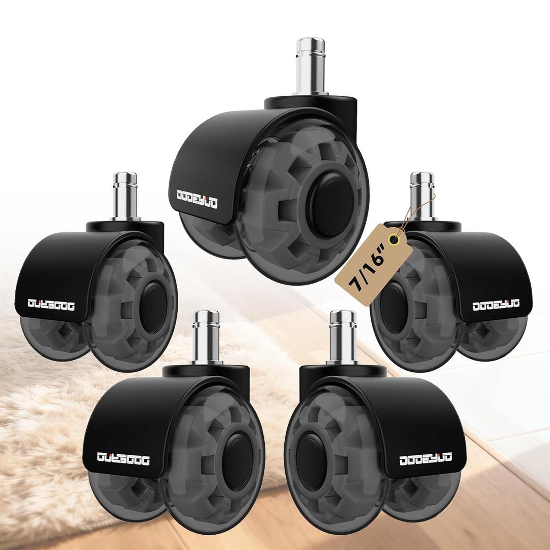 2 Inch Office Chair Wheels, 7/16-7/8 Stem,Transparent TPU Material, High Elasticity, Quiet, Smooth Rolling, Nylon Frame, 880LB LoadFits 98% Chair, Capacity, Set of 5Hard Floors & CarpetNot for 1KEA