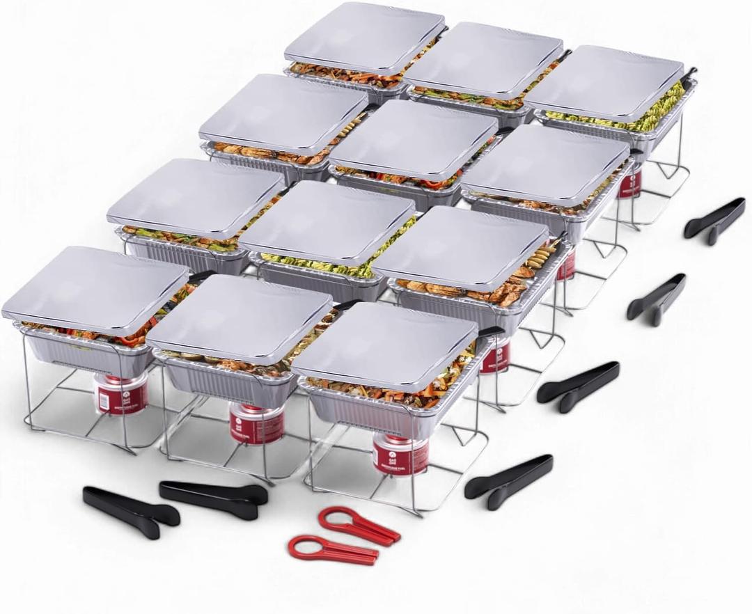 Alpha Living 12 Pack - Disposable Chafing Dish Buffet Set, Welded Body Food Warmers for Parties, 2hr Fuel Cans Complete Set, Half Size Pans, Warming Trays