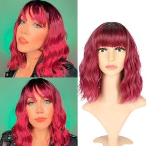 VCKOVCKO Ombre Color Natural Wavy Bob Wig With Air Bangs Short Bob Wigs Women's Shoulder Length Wigs Black to Pink Purple Curly Wavy Synthetic Cosplay for Girl Colorful Wigs(12", Black to WineRed)