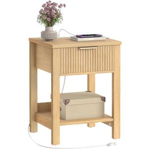 HOOBRO Fluted Nightstand with Charging Station, Modern Wooden Night Stand, 17.7"L x 15.7"W x 23.6"H