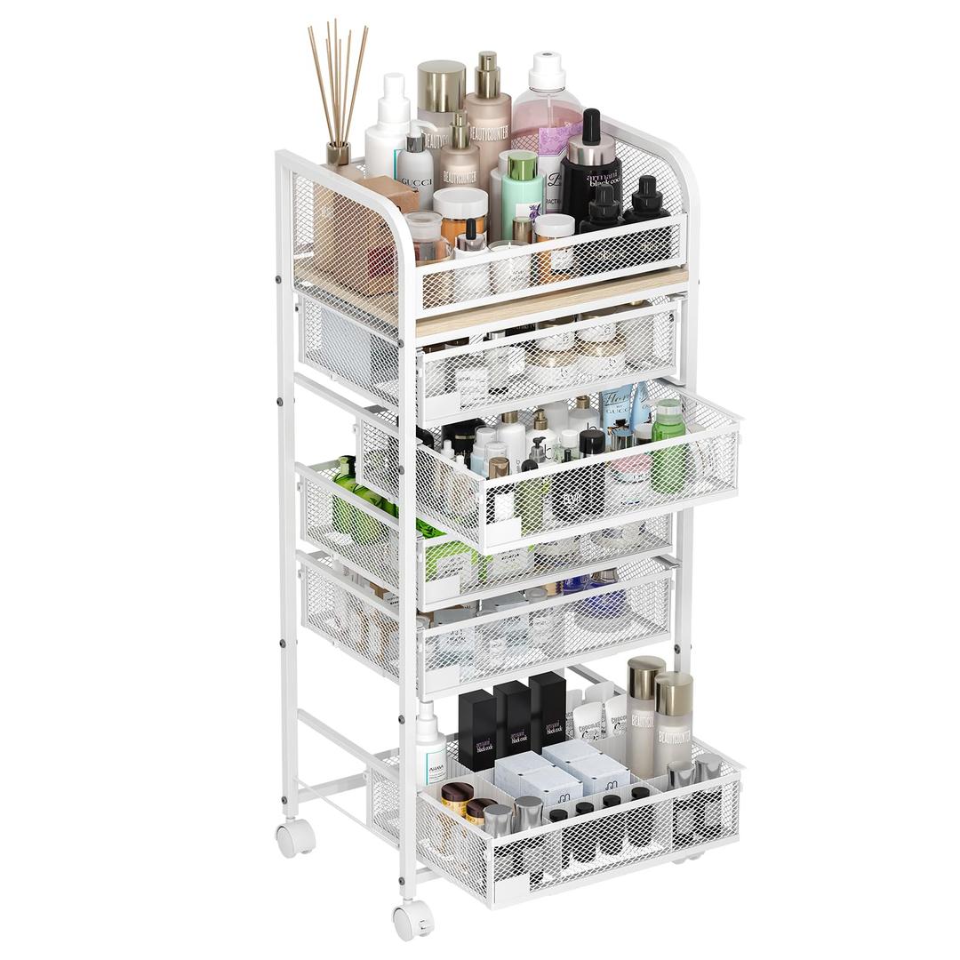 MODCART Makeup Organizer with 5 Drawers, Skincare Storage, Floor Skincare Organizers with Wheels Nameplates, Vanity Cosmetic Holder for Perfume, Nail Polish, Brushes, White