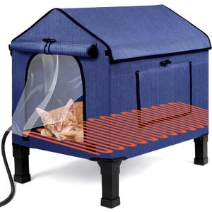 Heated Cat House for Outside, Waterproof Outdoor Cat Shelter with Thermostatic Pet Heating Pad for Winter, Large Elevated Pet Hetaing Bed with Rmoveable Canopy for All Seasons