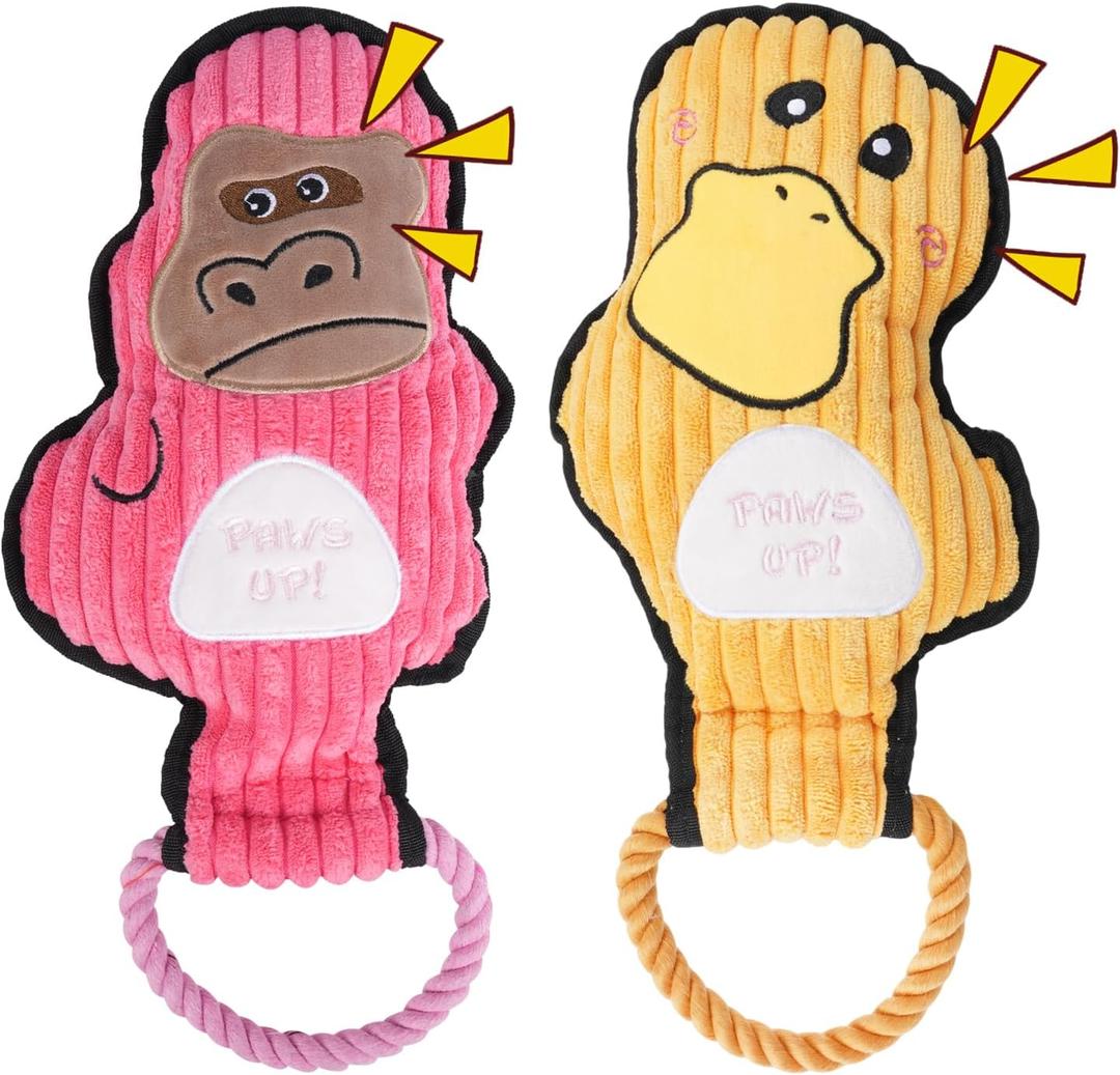 2-Pack Squeaky Dog Toys & Tough Tug of War Set - No Stuffing Chew-Resistant Plush Toys to Keep Them Busy, Best Birthday Gift for Small/Medium/Large Breeds (Ducks & Gorilla)