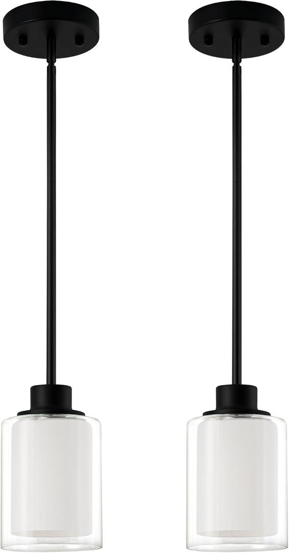 1-Light Mini Pendant Light Fixtures, 2-Pack Modern Hanging Ceiling Lighting, Adjustable Height, Black Pendant Lamp with Dual Glass for Kitchen Island Bedroom