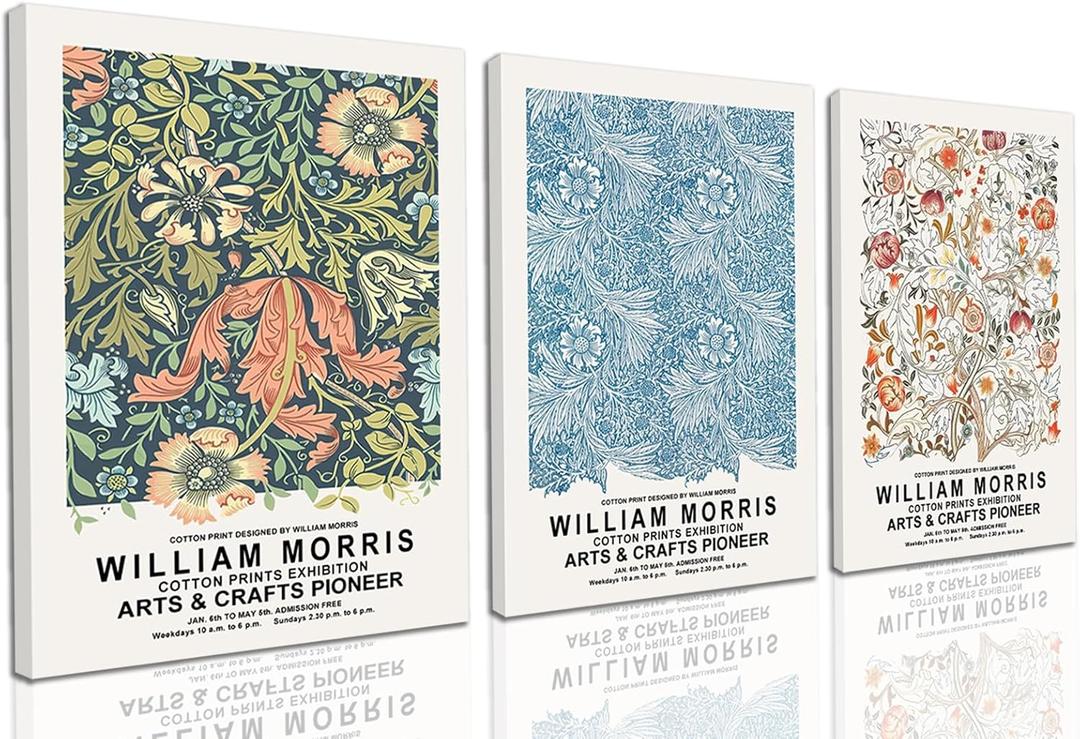 William Morris Wall Art Set of 3 Vintage Botanical Wall Decor Nature Flower Exhibition Posters Retro Plant Canvas Prints Paintings for Living Room Bedroom Kitchen 16x24 Inch Framed (Light)