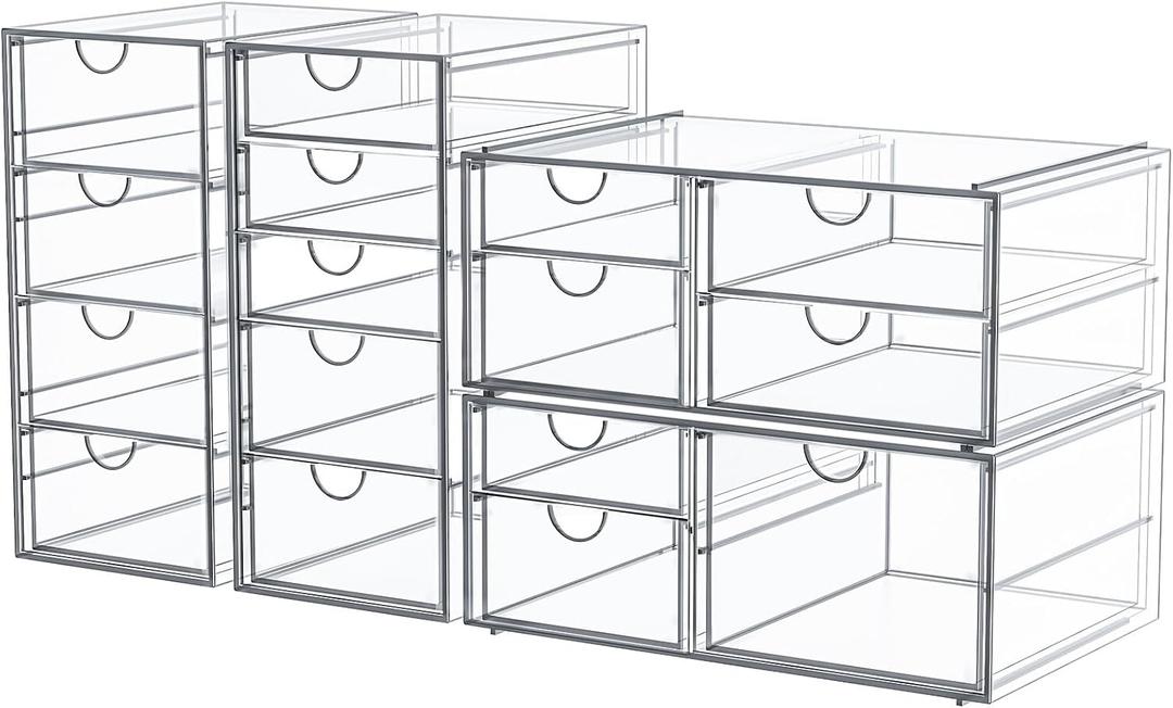 caktraie Makeup Organizer Storage With 16 Drawers, 4 Pcs Desktop Office Supplies, Desk Organizers, Clear Accessories, Dustproof Storage Drawer and for Make Up, Jewelry, Pen, Stationary