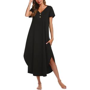 Ekouaer Long Nightgowns for Women Button Night Gowns Short Sleeve Sleepwear Full Length Sleep Shirts With Pockets, Size Medium