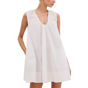 Womens Preppy Babydoll Tank Mini Dress Scoop Neck Short Sundress Loose Ruched U Neck Summer Party Dresses with Pocket White (White)