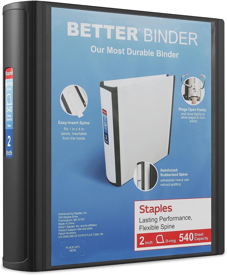 Staples Heavy-Duty 2-Inch D-Ring Binder, Black – Large Capacity 3-Ring Binder for School & Office Use