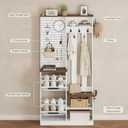 Hall Tree with 2 Flip-Down Shoe Cabinet for Entryway | Coat Rack with Shoe Bench, Open Shelves, Pegboard, and Coat Hooks, for Living Room, Cloakroo, Bedroom, White and Walnut