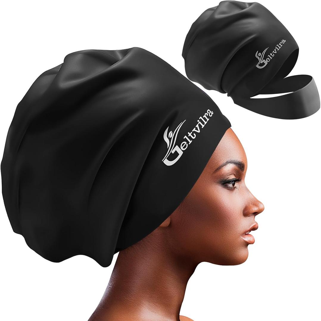 Waterproof Silicone Extra Large Swim Cap with Headband for Braids and Dreadlocks Black Women Girls Men with Long Hair (Black)
