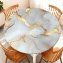 Waterproof Round Tablecloth with Elastic Edge, Fitted Round Table Cover Wipeable Summer Tablecover Fits Tables up to 45-48 for Kitchen Picnic Party, White Gold Marble