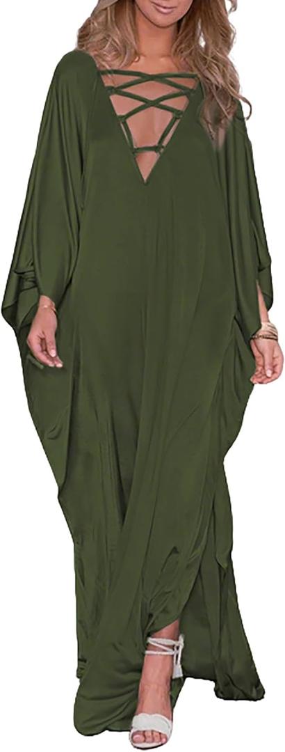 Bsubseach 2026 Long Kaftan Dresses Muumuu Plus Size V Neck Vintage Caftan Coverup Sexy Satin Dress (E-olive Green, One Size)