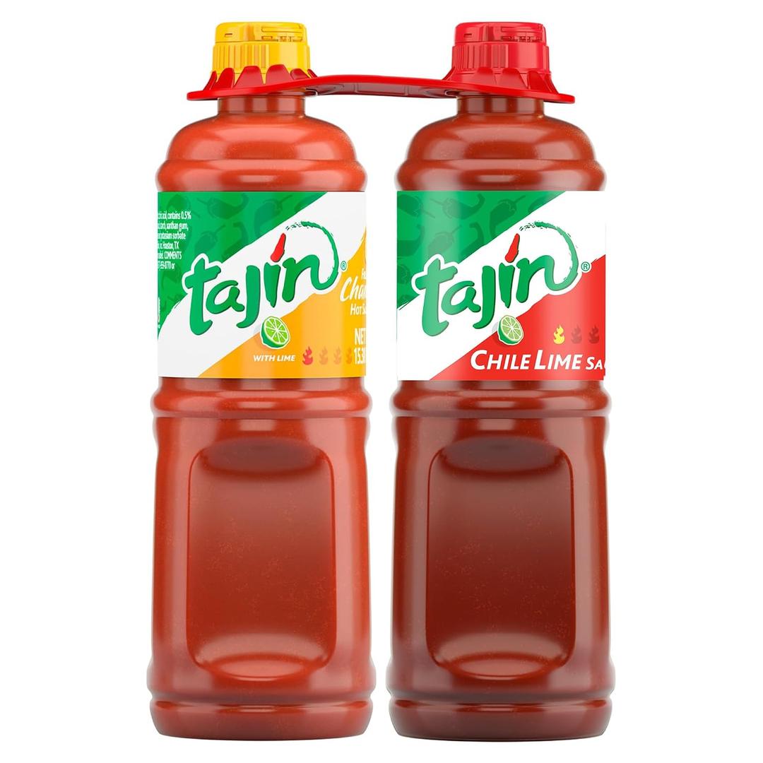 Tajin Fruity Chamoy Sauce, 15.38 oz, and Tajin Chile Lime Sauce, 15.38 oz, Fruity and Tangy Mexican Sauces for Fruit, Vegetables, Snacks, Mangonadas, and Drinks, (Pack of 2)