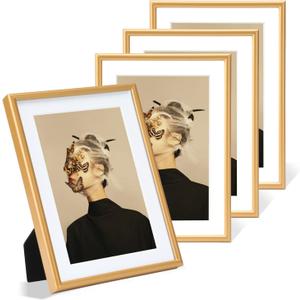 5x7 Picture Frame Set of 4, Matted Gold Simple Modern Thin Aluminum Metal Photo Frame Fits 3x5 and 4x6 with Mat or 5x7 without Mat Photo. Display for Tabletop or Wall Collage. (Horizontal &