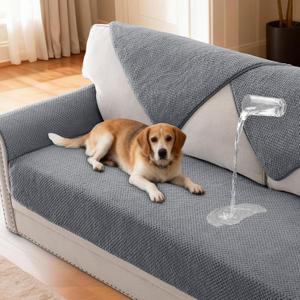 H.VERSAILTEX Waterproof Couch Cover Plush Sofa Cover with Strap Soft Anti Slip Sofa Slipcovers for 3 Cushion Sofa Couch Protector Cover for Dogs Cats Kids,36x72'',Gray 