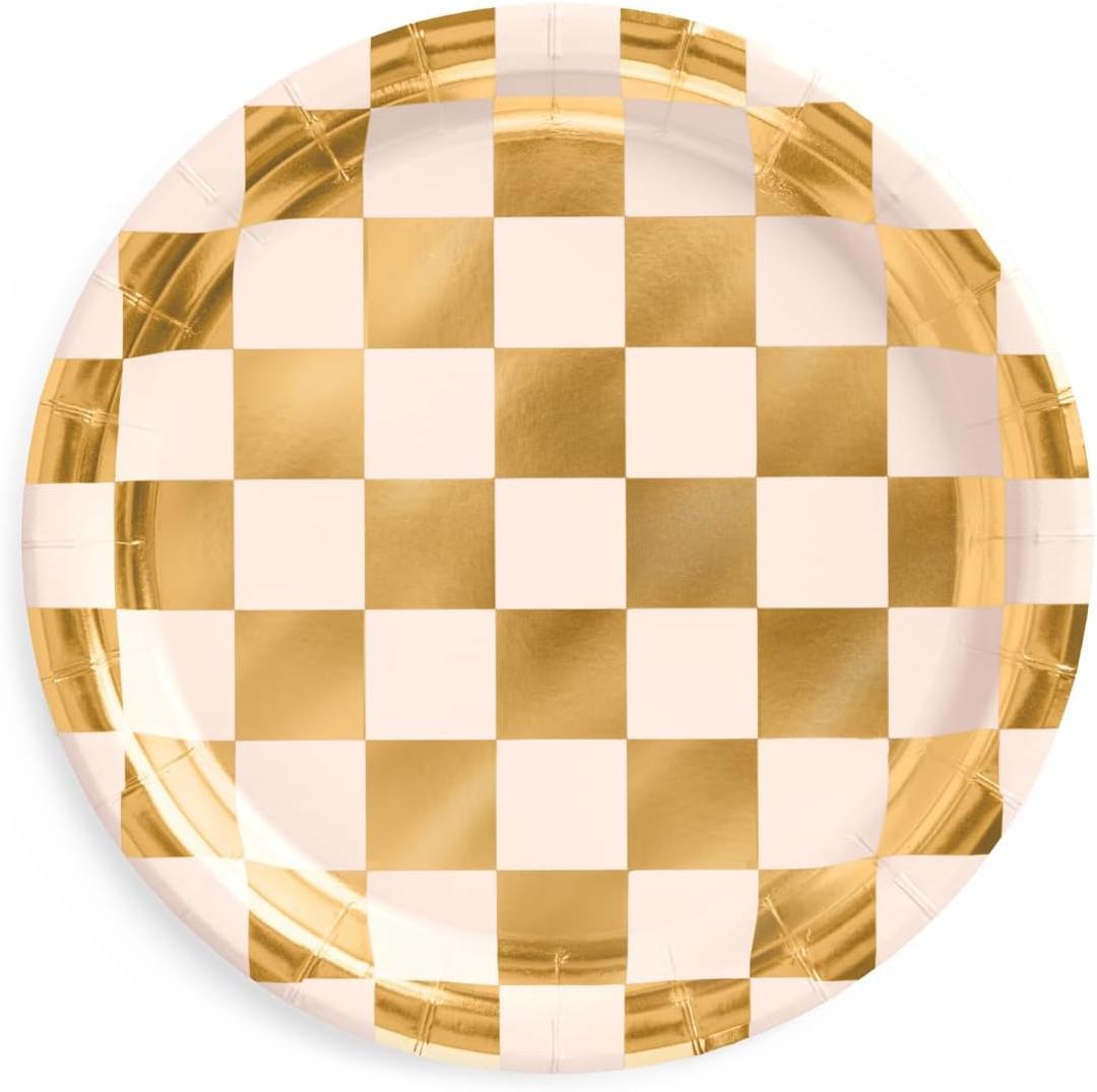 xo, Fetti Gold Checkered Paper Plates | 25 pcs | Bachelorette Tableware, Birthday Party Supplies, Modern Disposable Setting, Dinner Table Decor
