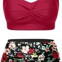 Tempt Me Women Plus Size High Waisted Bikini Set Two Piece Swimsuit Tummy Control Bathing Suits (Red and Floral), Size 16W