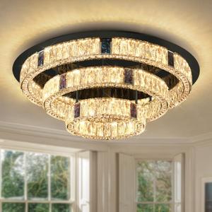 IDEQUY 32'' Modern Flush Mount Crystal Chandelier for Living Room Round Ring Chandelier Black 3-Tier Crystal Ceiling Light for Dining Room Kitchen Bedroom Dimmable Lighting