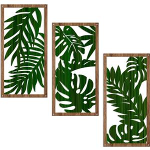 Oubasa Metal Palm Leaves Wall Decor, 3 Pcs Metal Boho Wall Art Green Leaf Home Decor, Abstract Botanical Tropical Plant Wall Sculpture for Bathroom Bedroom Decoration, 15.7 x 7.8 Inches x 3