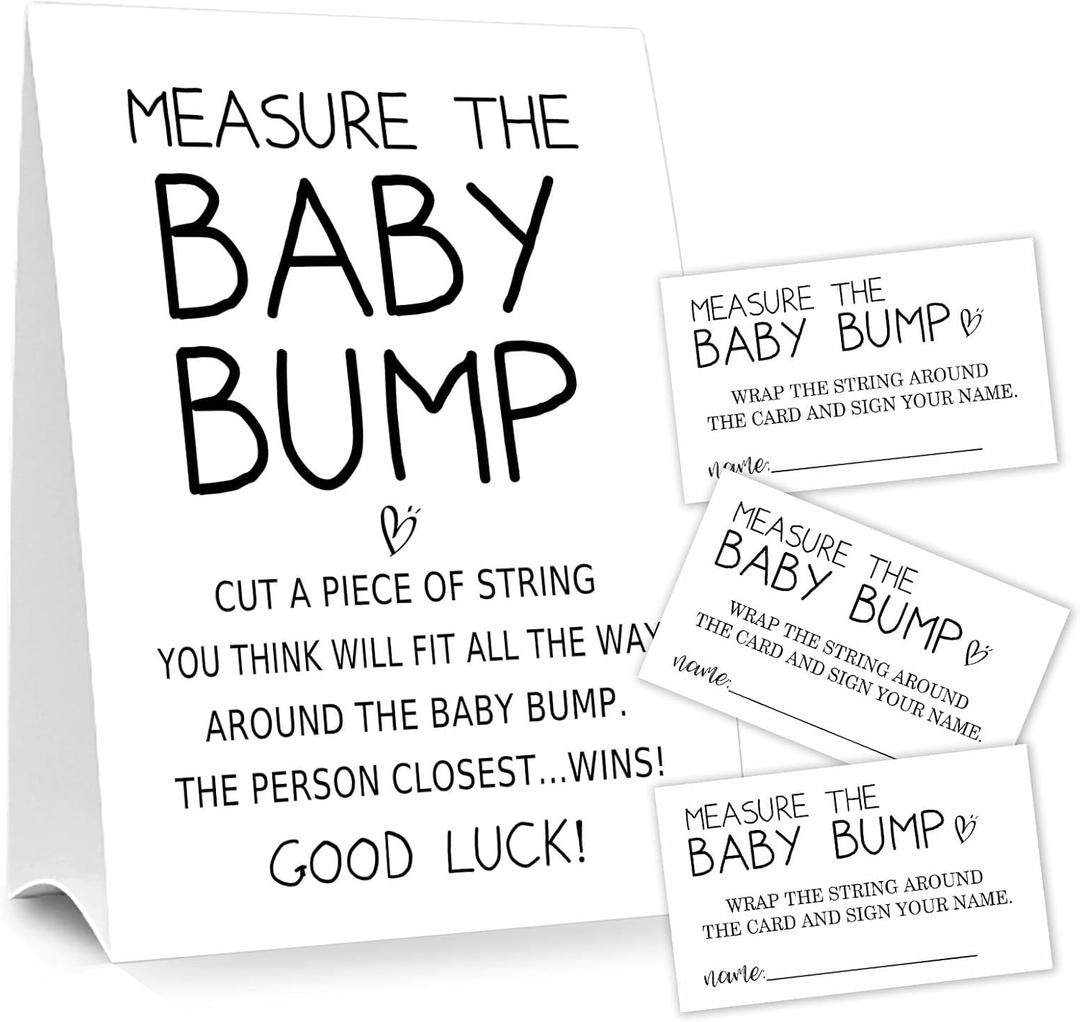 Baby Shower Games Measure the Baby Bump Sign, How Big is Mommy's Belly Party Favors Supplies, 5x7 Inch Kraft Standing Sign and 50 Guessing Cards, Minimalist (White1)