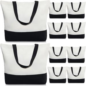 Weewooday 10 Pack Canvas Tote Bag Large Blank Reusable Grocery Bags with Handles DIY Cloth for Shopping Beach Travel (Black, White)