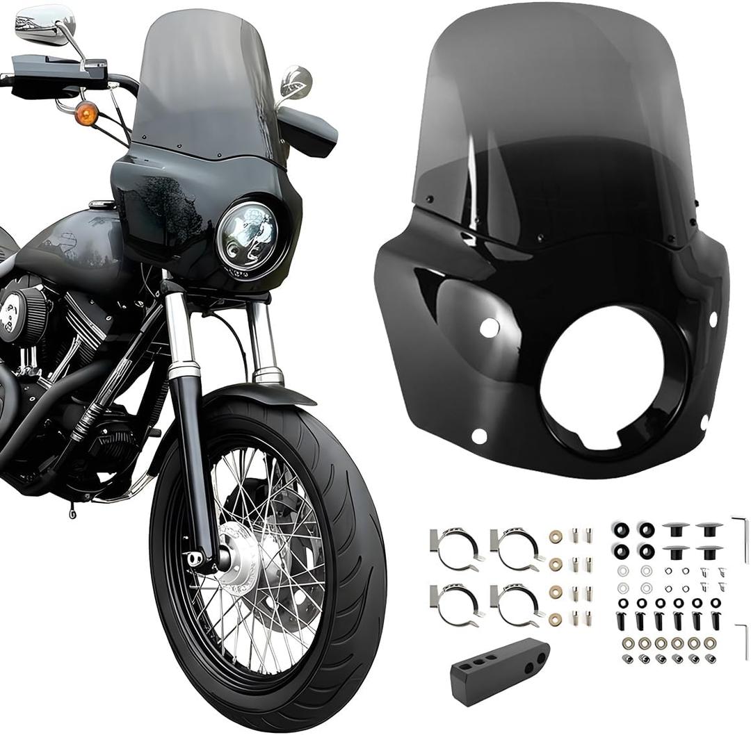 VINTGMT Motorcycle Fairing 5.75" Headlight Fairing with 13" Motorcycle Windshield 49mm Mounting Hardware for Harley Dyna FXD FXDC Street Bob FXDB Low Rider FXDL FXDLS Super Glide FXDI35(Smoke)