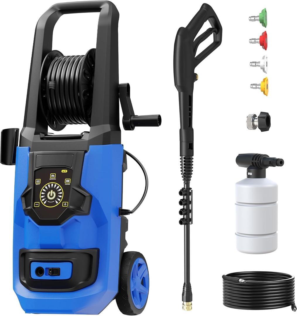 Electric Pressure Washer, 5400 PSI 3.6 GPM Adjustable Touch Screen, 35 FT Power Cord with 20 FT Pressure Hose, 4 Nozzles, Hose Reel, Foam Cannon for Car/Patio/Garage