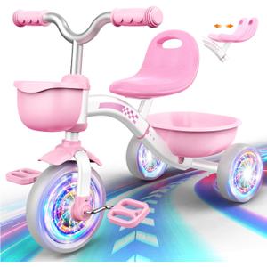 Toddler Tricycle for 1-3 3-5 Year Olds, Toddler Toys Baby Bike, Toys for Ages 2-4, 3-Level Adjustable Seat, 3 Colorful Lighting Wheels, 2 3 4 5 Year Old Girl Birthday Easter Gifts Pink