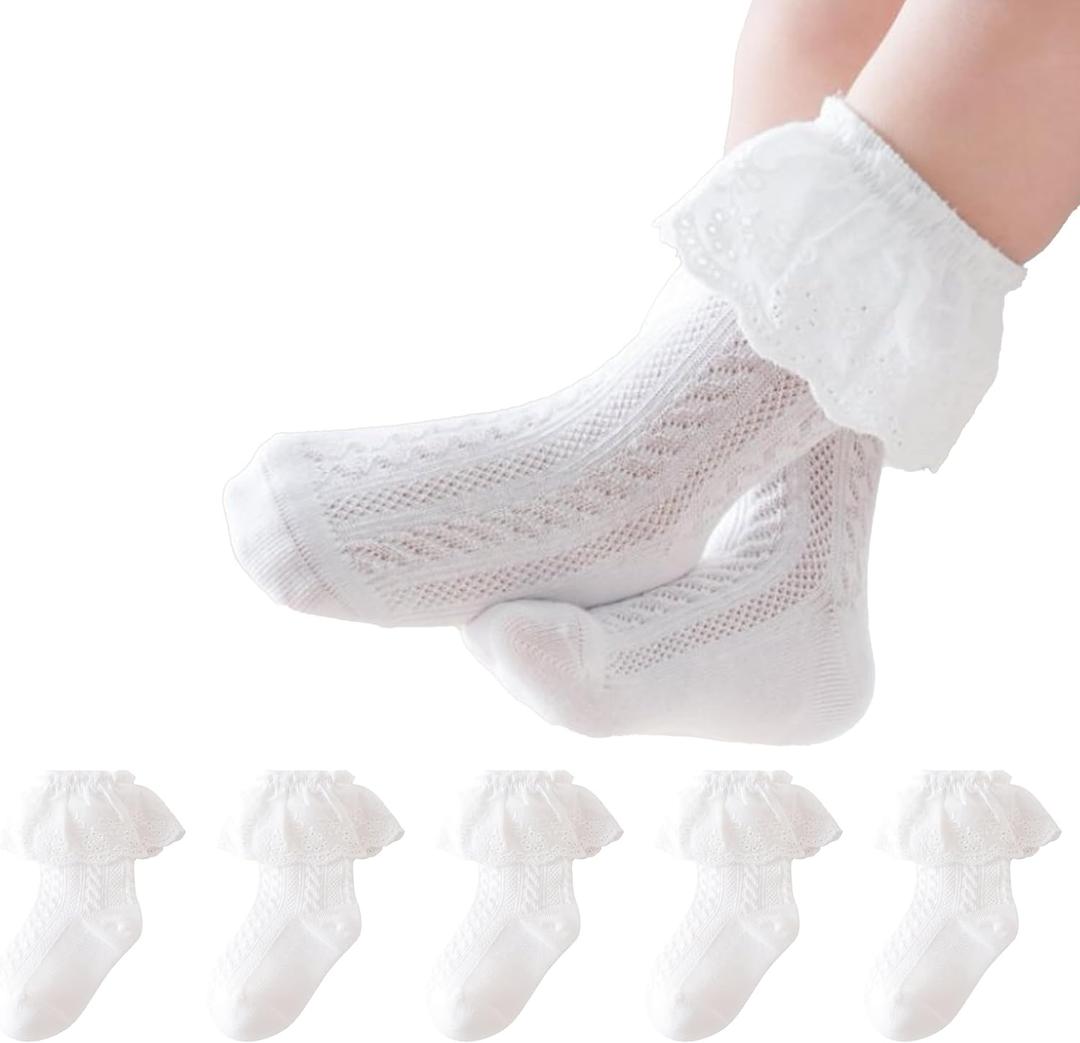 Baby Toddler Ruffle Socks Newborn Infant Girls Cotton Socks Unisex 5 Pairs (White)