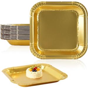 8.62 Inch Gold Paper Plates, Disposable Paper Dessert Plates, 30 Pcs Gold Square Appetizer Plates for Birthday Wedding Anniversary Party Supplies