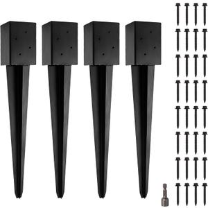 LADECH 4x4 Metal Fence Post Anchor - 24' Black Powder Coated Spikes (Pack of 4) for 3.5x3.5 Wood Posts