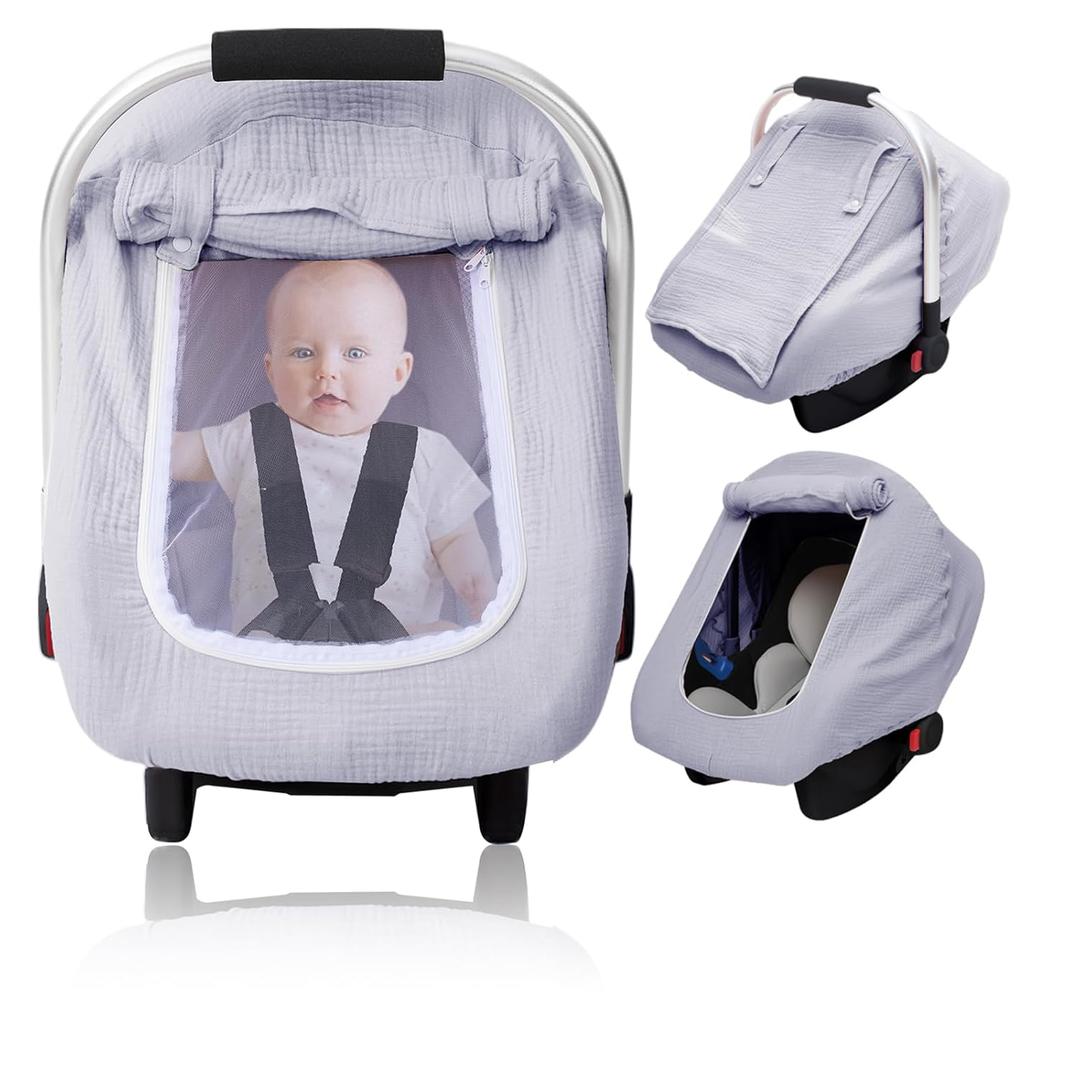3-Layer Muslin Car Seat Cover with Mesh Screen Window | Privacy Infant Car Seat Cover & Baby Stroller Weather Shield (Grey)