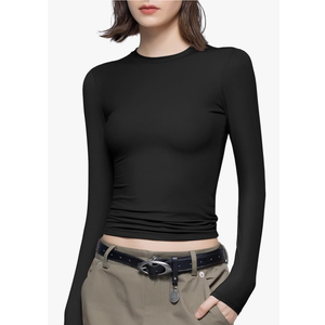 PUMIEY Women's Long Sleeve T Shirts Crew Neck Slim Fit Tops Sexy Basic Tee Smoke Cloud Pro Collection S