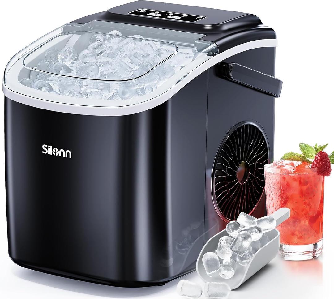 Silonn Ice Makers Countertop, Portable Ice Maker with Self-Cleaning 9 Cubes Ready in 6 Mins 26Lbs/24H 2 Sizes of Bullet Ice, Ice Machine for Home Kitchen and Office, Dark, 26 lbs