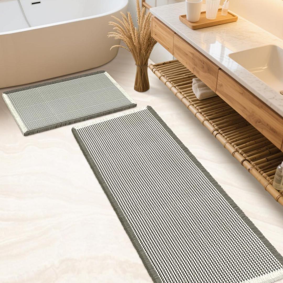 IM HOME Waffle Bath Mat Set 2 Piece Green & Cream, Woven Modern Bath Rug Mats, Absorbent Non Slip Bath Floor Mat, Soft Washable Boho Bath Rugs with Tassels for Bathroom, Bedroom, Kitchen, Tub
