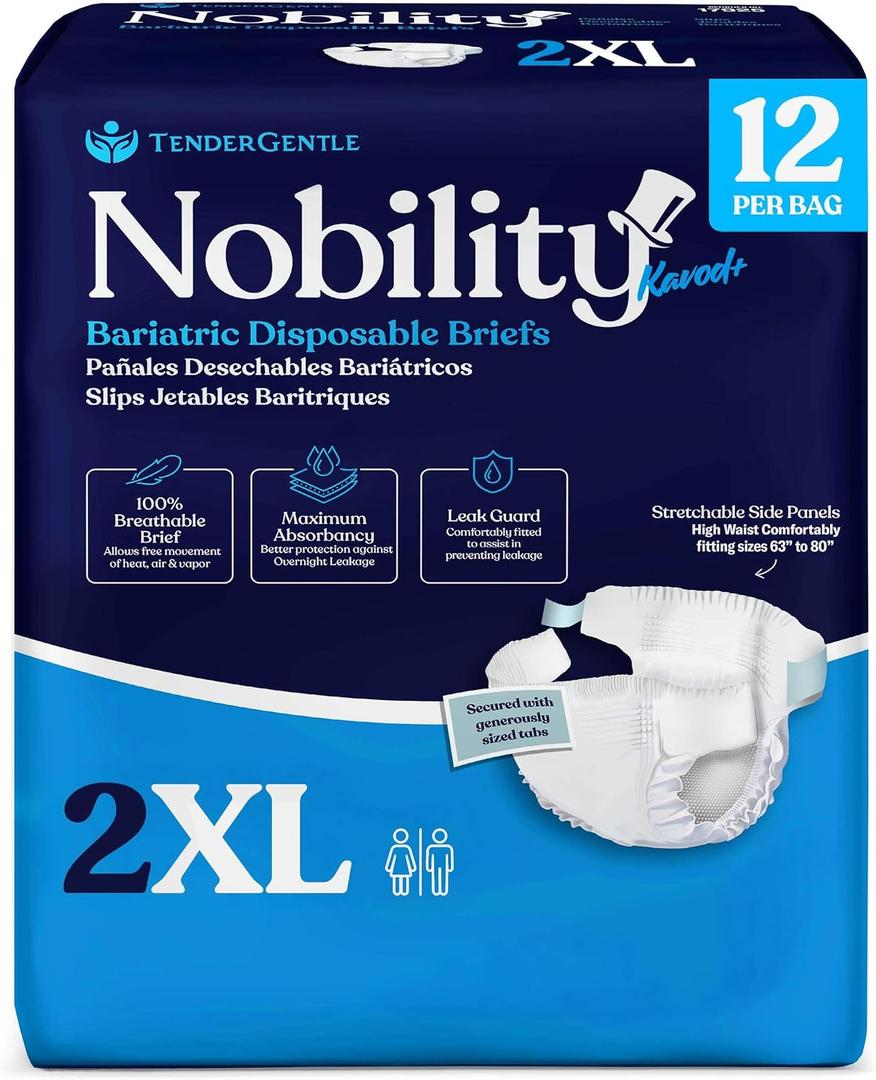 2XL Adult Diapers for Women and Men - 12 Bariatric Disposable Briefs with Tabs and Stretchable Side Panels - Breathable with Maximum Absorbency