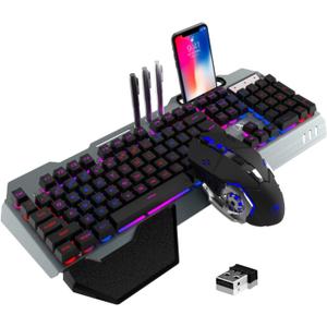 Wireless Gaming Keyboard and Mouse Combo,Rainbow LED Backlit Keyboard with Rechargeable 3800mAh Battery Metal Panel,Removable Wrist Rest Mechanical Feel and 7 Color Mute Gaming Mice for PC PS4 PS5 (Black LED Mix)