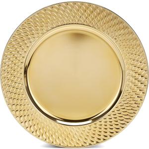 13 Inch Charger Plates Bulk Set, Reusable Round Gold Plastic Chargers for Dinner Plates, Formal and Casual Table Chargers for Bachelor Party Picnic (Waffle Gold, 12 PCS)