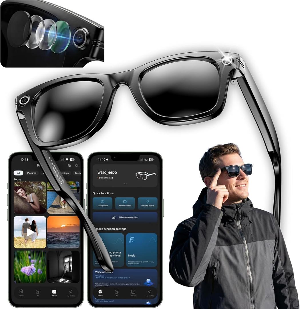 Smart Glasses with Camera, 8MP POV Recording Sunglasses for Travel, Cycling & Outdoor Use, AI Object Recognition, Voice Translation, Bluetooth Audio, Built-in Storage, IP67, Sunglass Lens