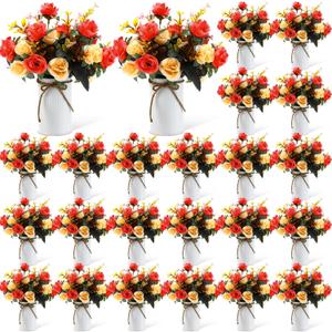 Domensi 24 Sets Wedding Table Centerpiece Artificial Flowers with Vase 48 Pcs Fake Bouquets 24 Pcs Metal Vases Floral Arrangements for Holiday Party Event Table Decor(Orange)