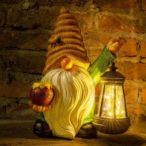 12.3''Solar Garden Gnomes Outdoor Decor Honey Bee jar Gnome Statues with LED Lantern Xmas Patio Lawn Yard Art Decoration Birthday Christmas Gardening Gifts for Mom Dad, Bee Gnome