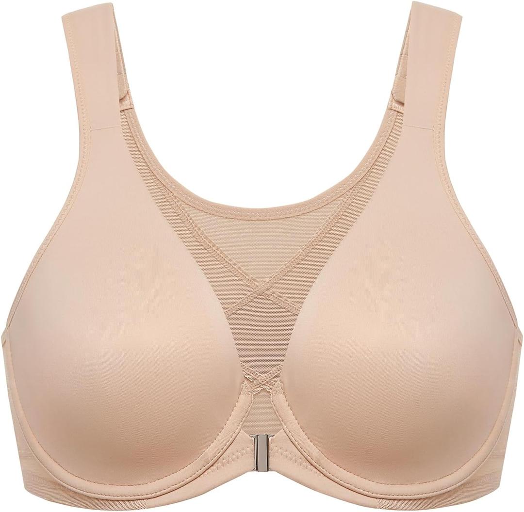 DELIMIRA Women's Front Closure Bras Posture Full Coverage Plus Size Underwire Unlined Back Support Plunge Seamless Bra B-H (Beige, XL)