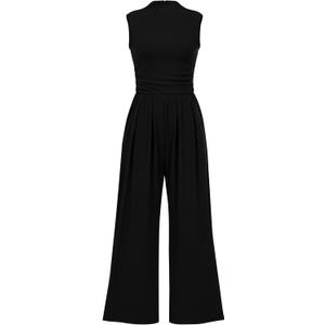 PRETTYGARDEN Women's Summer Jumpsuits Dressy Casual One Piece Outfits Sleeveless Mock Neck Wide Leg Pants Rompers with Pockets (Small, Black)