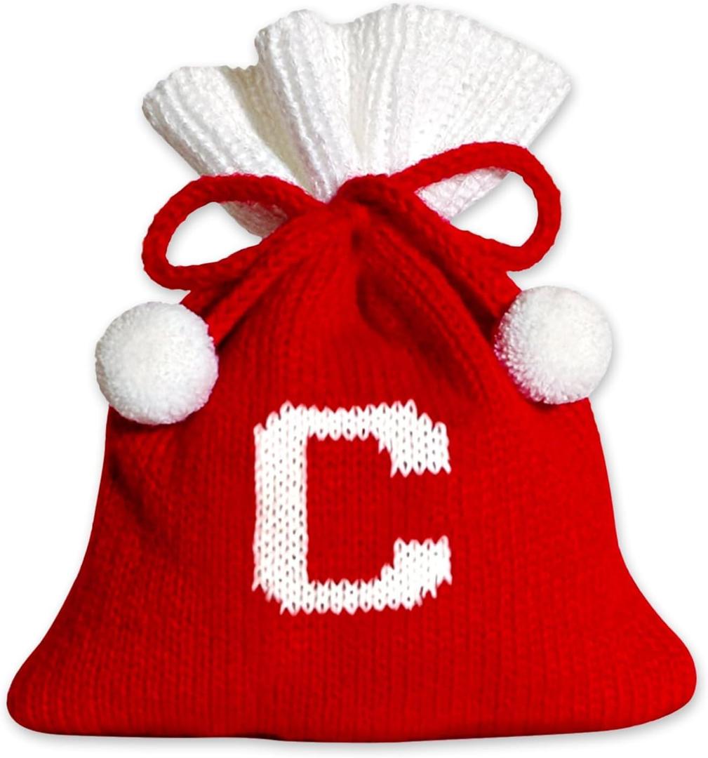2 x Christmas Knit Drawstring Gift Bag Xmas Red and White Santa Sack with Alphabet Letter Design Reusable Wrapping Bag for Xmas Candy Goodie Party Favor 6.5 x 5.1 Inch Letter C