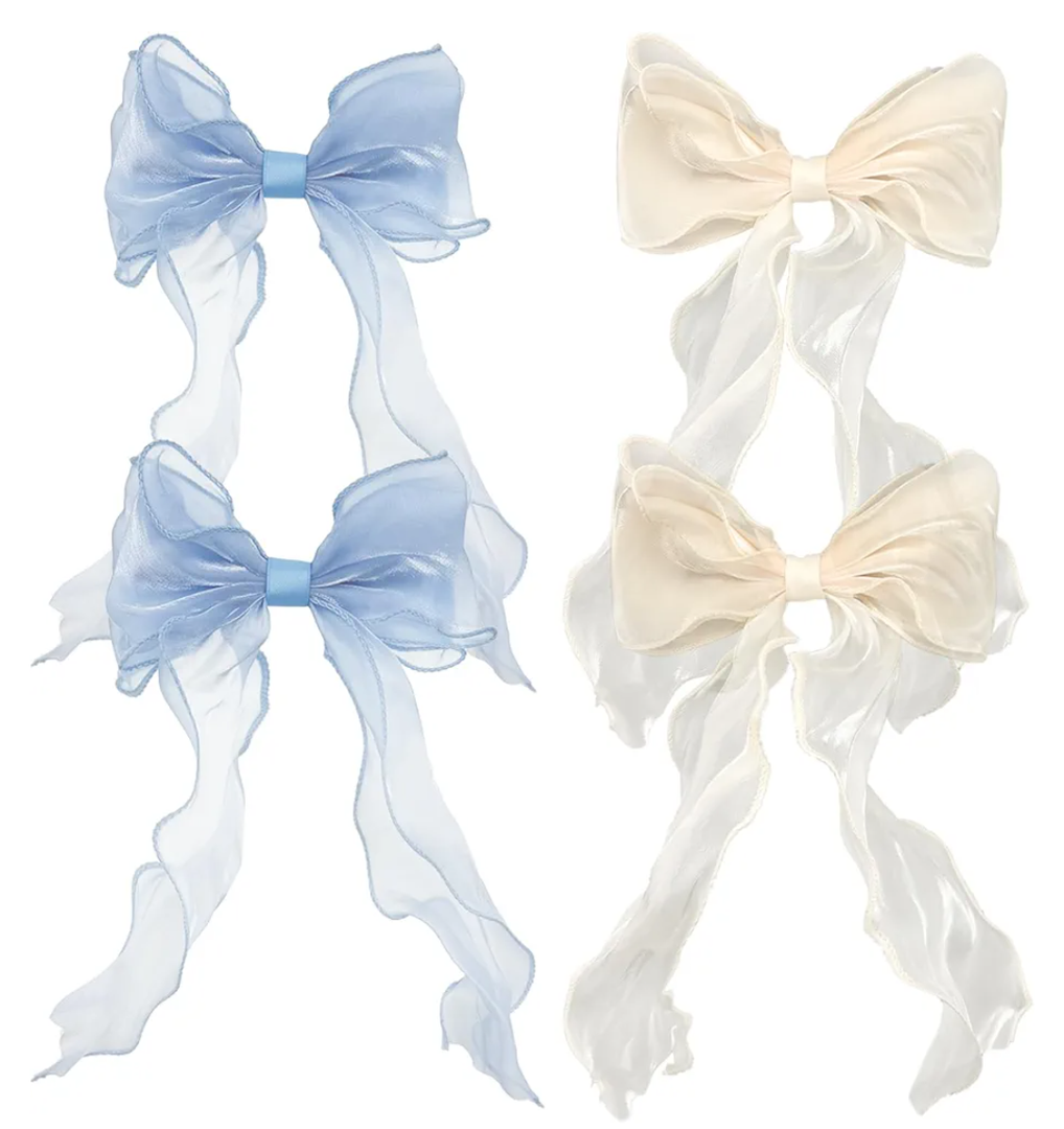 8 PACK Light Blue and Champagne Big Ribbon Hair Bows,Large Hair Accessories,Oversized Long-tail Hair Clips for Women and Girls Hair Styling Accessories.