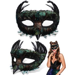 Jenaai 2 Pcs Halloween Masquerade Feather Mask Women Venetian Carnival Animal Masquerade Bird Mask Halloween Costume Cosplay(Peacock)